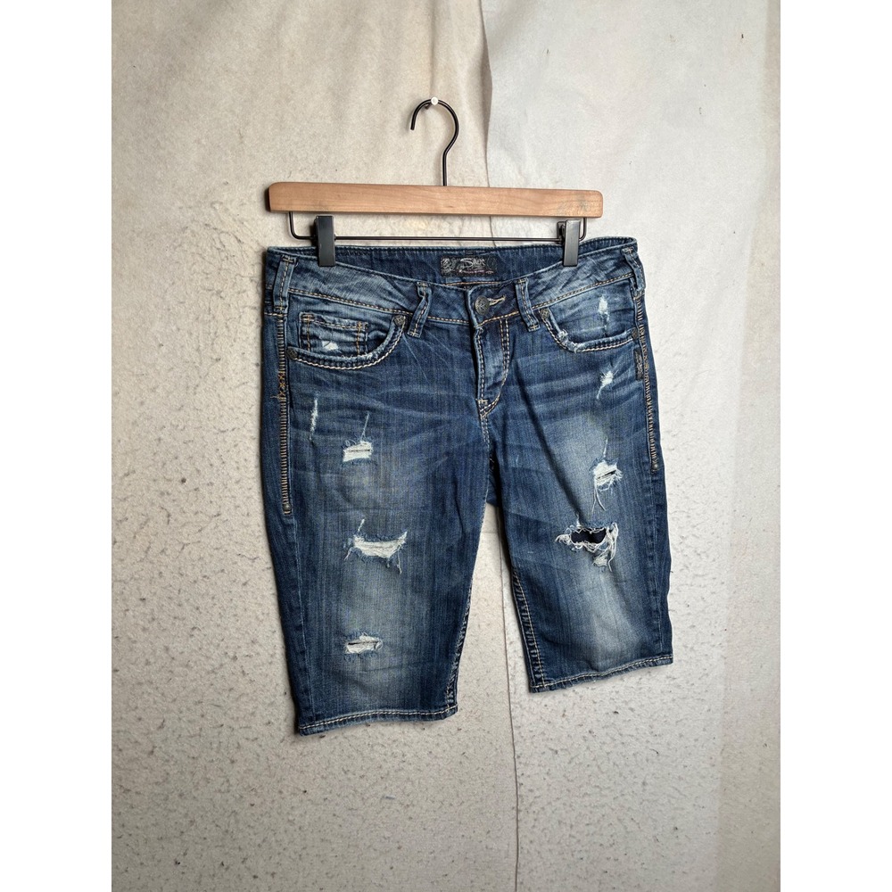 Silver Jeans Co Aiko Bermuda Shorts Distressed Denim Medium Wash W28 L53611SDA35